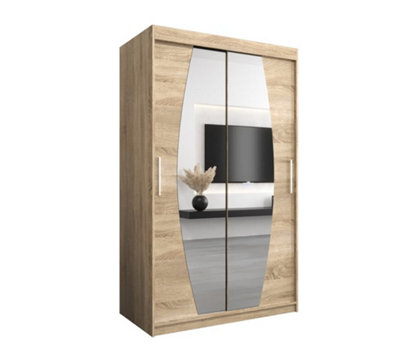 Elypse Contemporary 2 Mirrored Sliding Door Wardrobe 5 Shelves 2 Rails Sonoma Oak Effect (H)2000mm (W)1200mm (D)620mm