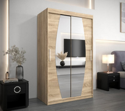 Elypse Contemporary 2 Mirrored Sliding Door Wardrobe 5 Shelves 2 Rails Sonoma Oak Effect (H)2000mm (W)1200mm (D)620mm