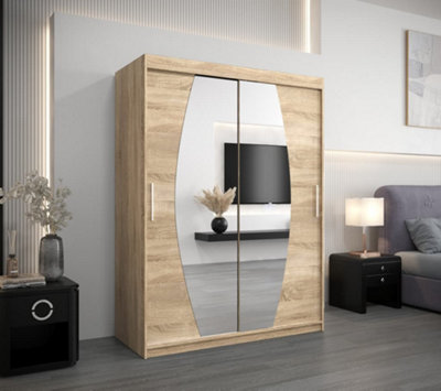 Elypse Contemporary 2 Mirrored Sliding Door Wardrobe 5 Shelves 2 Rails Sonoma Oak Effect (H)2000mm (W)1500mm (D)620mm