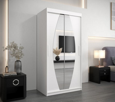 Elypse Contemporary 2 Mirrored Sliding Door Wardrobe 5 Shelves 2 Rails White (H)2000mm (W)1000mm (D)620mm