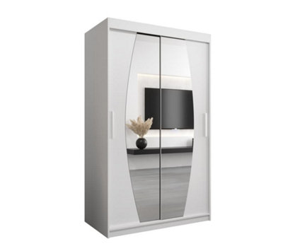 Elypse Contemporary 2 Mirrored Sliding Door Wardrobe 5 Shelves 2 Rails White (H)2000mm (W)1200mm (D)620mm