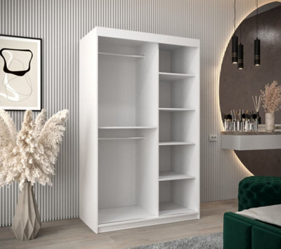 Elypse Contemporary 2 Mirrored Sliding Door Wardrobe 5 Shelves 2 Rails White (H)2000mm (W)1200mm (D)620mm