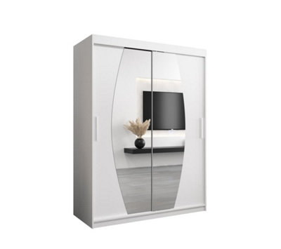 Elypse Contemporary 2 Mirrored Sliding Door Wardrobe 5 Shelves 2 Rails White (H)2000mm (W)1500mm (D)620mm