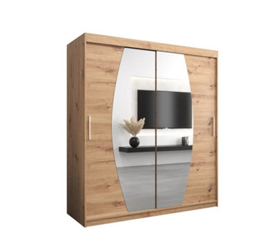 Elypse Contemporary 2 Mirrored Sliding Door Wardrobe 9 Shelves 2 Rails Artisan Oak Effect (H)2000mm (W)1800mm (D)620mm