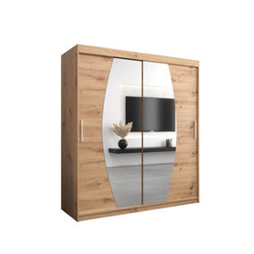 Elypse Contemporary 2 Mirrored Sliding Door Wardrobe 9 Shelves 2 Rails Artisan Oak Effect (H)2000mm (W)1800mm (D)620mm