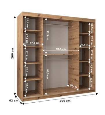 Elypse Contemporary 2 Mirrored Sliding Door Wardrobe 9 Shelves 2 Rails Artisan Oak Effect (H)2000mm (W)2000mm (D)620mm