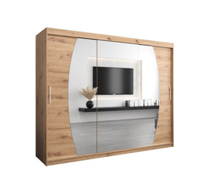 Elypse Contemporary 2 Mirrored Sliding Door Wardrobe 9 Shelves 2 Rails Artisan Oak Effect (H)2000mm (W)2500mm (D)620mm