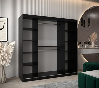 Elypse Contemporary 2 Mirrored Sliding Door Wardrobe 9 Shelves 2 Rails Black (H)2000mm (W)2000mm (D)620mm