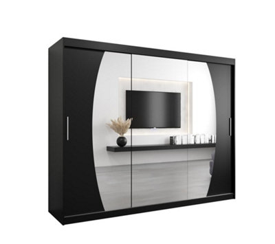 Elypse Contemporary 2 Mirrored Sliding Door Wardrobe 9 Shelves 2 Rails Black (H)2000mm (W)2500mm (D)620mm