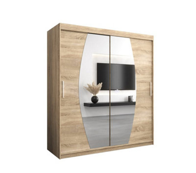 Elypse Contemporary 2 Mirrored Sliding Door Wardrobe 9 Shelves 2 Rails Sonoma Oak Effect (H)2000mm (W)1800mm (D)620mm