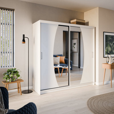 Elypse Contemporary 2 Mirrored Sliding Door Wardrobe 9 Shelves 2 Rails White (H)2000mm (W)2000mm (D)620mm