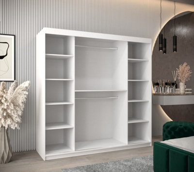 Elypse Contemporary 2 Mirrored Sliding Door Wardrobe 9 Shelves 2 Rails White (H)2000mm (W)2000mm (D)620mm