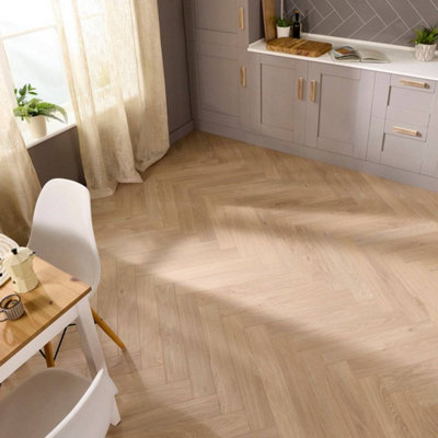 Embrace Herringbone Laminate Flooring Arctic Beige 14mm Built-in Underlay
