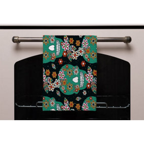 Embroidery colorful simplified ethnic flowers and skull pattern (Kitchen Towel) / Default Title