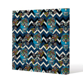 Embroidery colorful simplified ethnic skull Blue pattern (Canvas Print) / 101 x 101 x 4cm