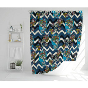 Embroidery colorful simplified ethnic skull Blue pattern (Shower Curtain) / Default Title