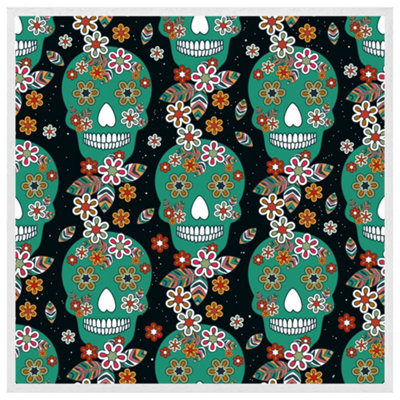Embroidery colourful simplified ethnic flowers and skull pattern (Picutre Frame) / 30x30" / White