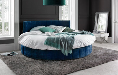 Emerald Blue Velvet Round Bed and Mattress 5FT 152CM Diameter