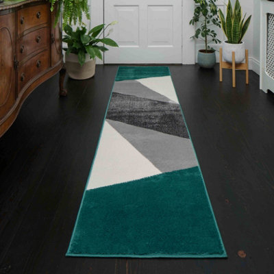 Emerald Green Grey Super Soft Abstract Geometric Runner Rug 60x240cm