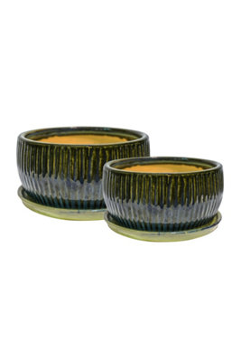 Emerald Round Reactive Glaze Bonsai Planter Set of 2