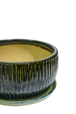Emerald Round Reactive Glaze Bonsai Planter Set of 2