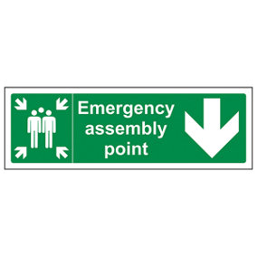 Emergency Assembly Point Arrow Down Sign Adhesive Vinyl 600x200mm (x3)