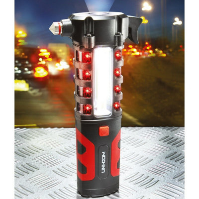 Emergency Car Torch with Hammer, Seatbelt Cutter, Red LED Warning Lights & Magnet - Battery Powered Vehicle Safety Accessory