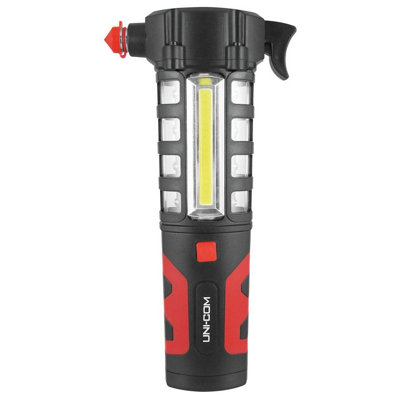 Emergency Car Torch with Hammer, Seatbelt Cutter, Red LED Warning Lights & Magnet - Battery Powered Vehicle Safety Accessory