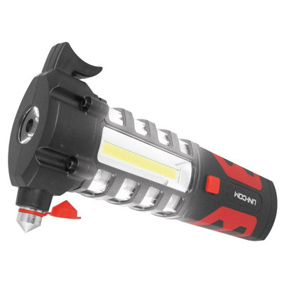 Emergency Car Torch with Hammer, Seatbelt Cutter, Red LED Warning Lights & Magnet - Battery Powered Vehicle Safety Accessory
