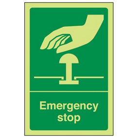 Emergency Stop Button Safety Sign - Glow in the Dark - 100x150mm (x3)