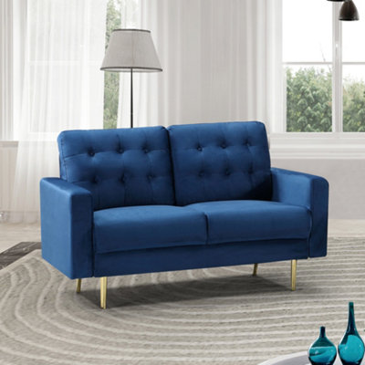 Emerson 139cm Wide Blue Velvet Fabric 2 Seat Sofa in a Box with Dark Wooden and Golden Coloured Metal Legs