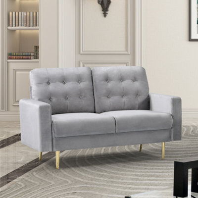 Emerson 139cm Wide Grey Velvet Fabric 2 Seat Sofa in a Box with Dark Wooden and Golden Coloured Metal Legs