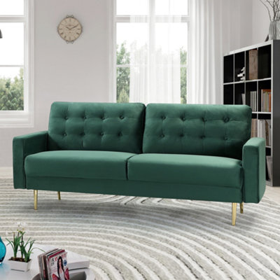 Emerson 195cm Wide Green Velvet Fabric 3 Seat Sofa in a Box with Dark Wooden and Golden Coloured Metal Legs