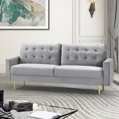 Emerson 195cm Wide Grey Velvet Fabric 3 Seat Sofa in a Box with Dark Wooden and Golden Coloured Metal Legs