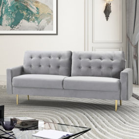 Emerson 195cm Wide Grey Velvet Fabric 3 Seat Sofa in a Box with Dark Wooden and Golden Coloured Metal Legs