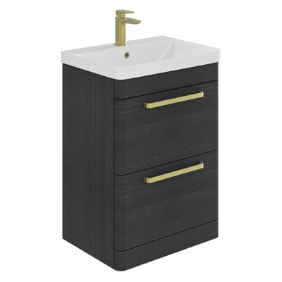 Emery Textured Black Floor Standing Bathroom Vanity Unit & Basin Set with Gold Handles (W)50cm (H)86cm