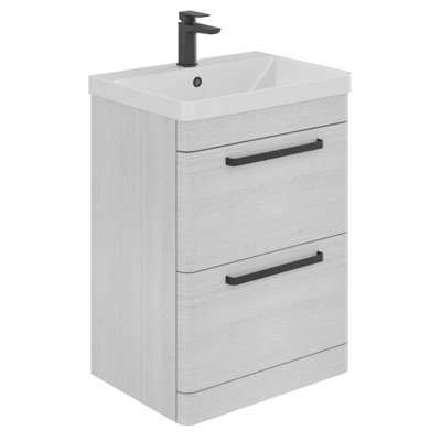 Emery Textured White Floor Standing Bathroom Vanity Unit & Basin Set with Black Handles (W)60cm (H)86cm