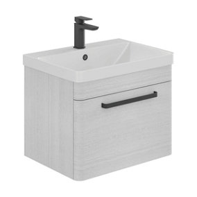 Emery Textured White Wall Hung Bathroom Vanity Unit & Basin Set with Black Handles (W)60cm (H)46cm