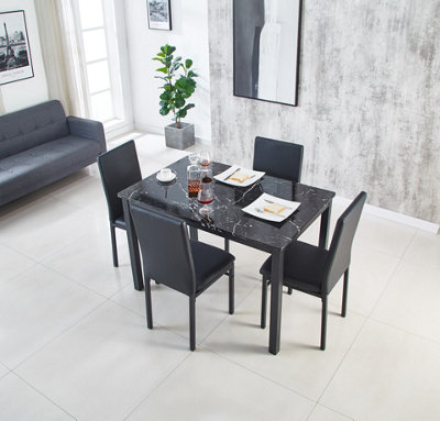 Emillia MDF Marble Effect Dining Table with 4 Faux Leather Chairs in Black