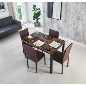 Emillia MDF Marble Effect Dining Table with 4 Faux Leather Chairs in Brown