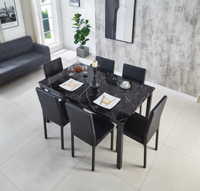 Emillia MDF Marble Effect Dining Table with 6 Faux Leather Chairs in Black