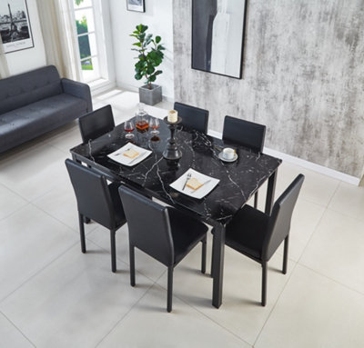 Emillia MDF Marble Effect Dining Table with 6 Faux Leather Chairs in Black | DIY at B&Q
