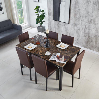 Emillia MDF Marble Effect Dining Table with 6 Faux Leather Chairs in Brown