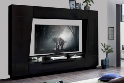 Emira Black Gloss Entertainment Unit - Accommodates 75" TV - W275cm x H195cm x D39cm - Modern with Optional LED Lighting