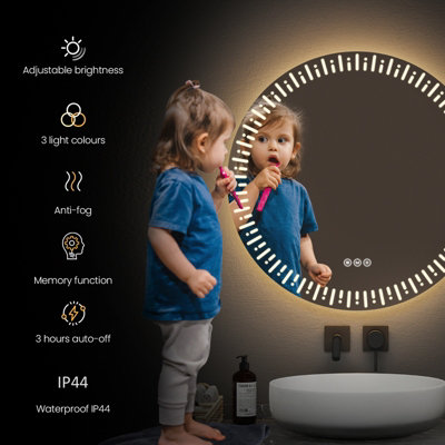 EMKE 60cm Round Bathroom LED Mirror with Demister and 3 Light Dimmable Colors