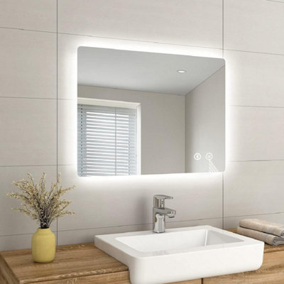 EMKE Bathroom Bluetooth Mirrors with Shaver Socket, LED Mirrors with Extra Fuse, Dimmable & Demister, 600x800mm