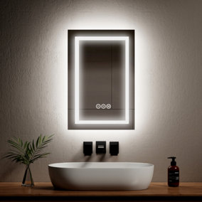 EMKE Bathroom Mirror with 3 Colors Led Lights, 400x600mm Mirror with Dual Lights, Touch Switch, Anti-Fog, Dimmable