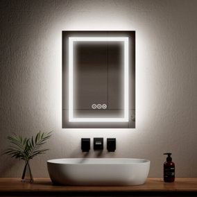 EMKE Bathroom Mirror with 3 Colors Led Lights, 450x600mm Mirror with Dual Lights, Touch Switch, Anti-Fog, Dimmable