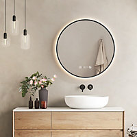 EMKE Bathroom Mirror with Led Lights, 600mm Illuminated Backlit Black border Mirror with Demister, Touch, Dimmable, Clock