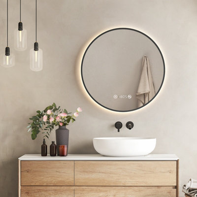 EMKE Bathroom Mirror with Led Lights, 600mm Illuminated Backlit Black border Mirror with Demister, Touch, Dimmable, Clock